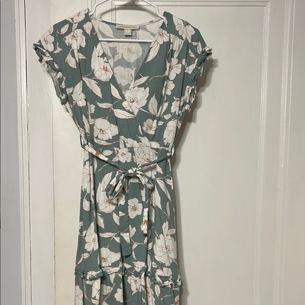 Monteau Green and White Ruffled Wrap Midi Dress